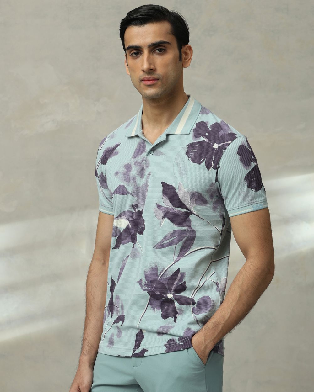 Blue Floral Print Slim Fit T-Shirt