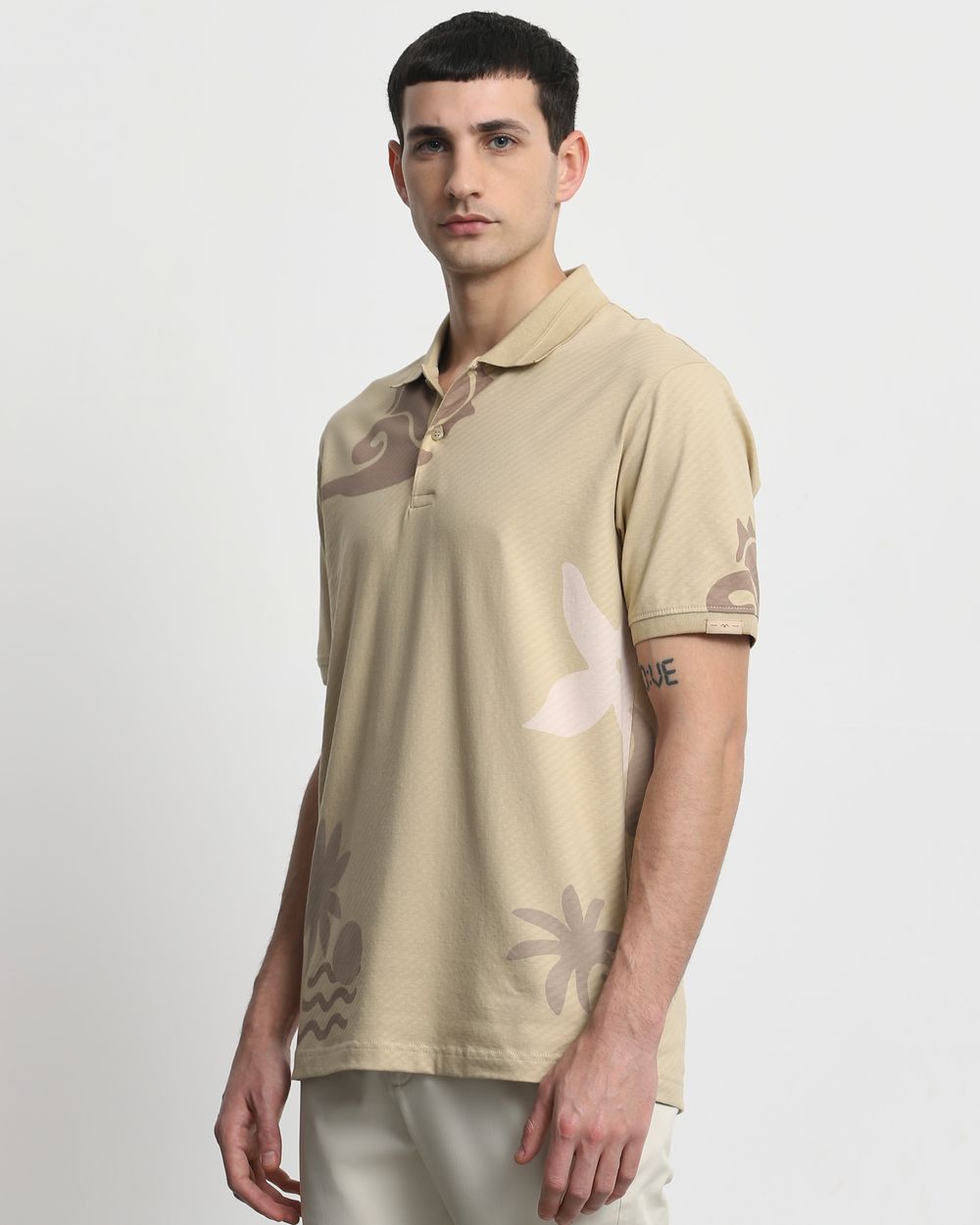 Beige Tonal Print Slim Fit T-Shirt