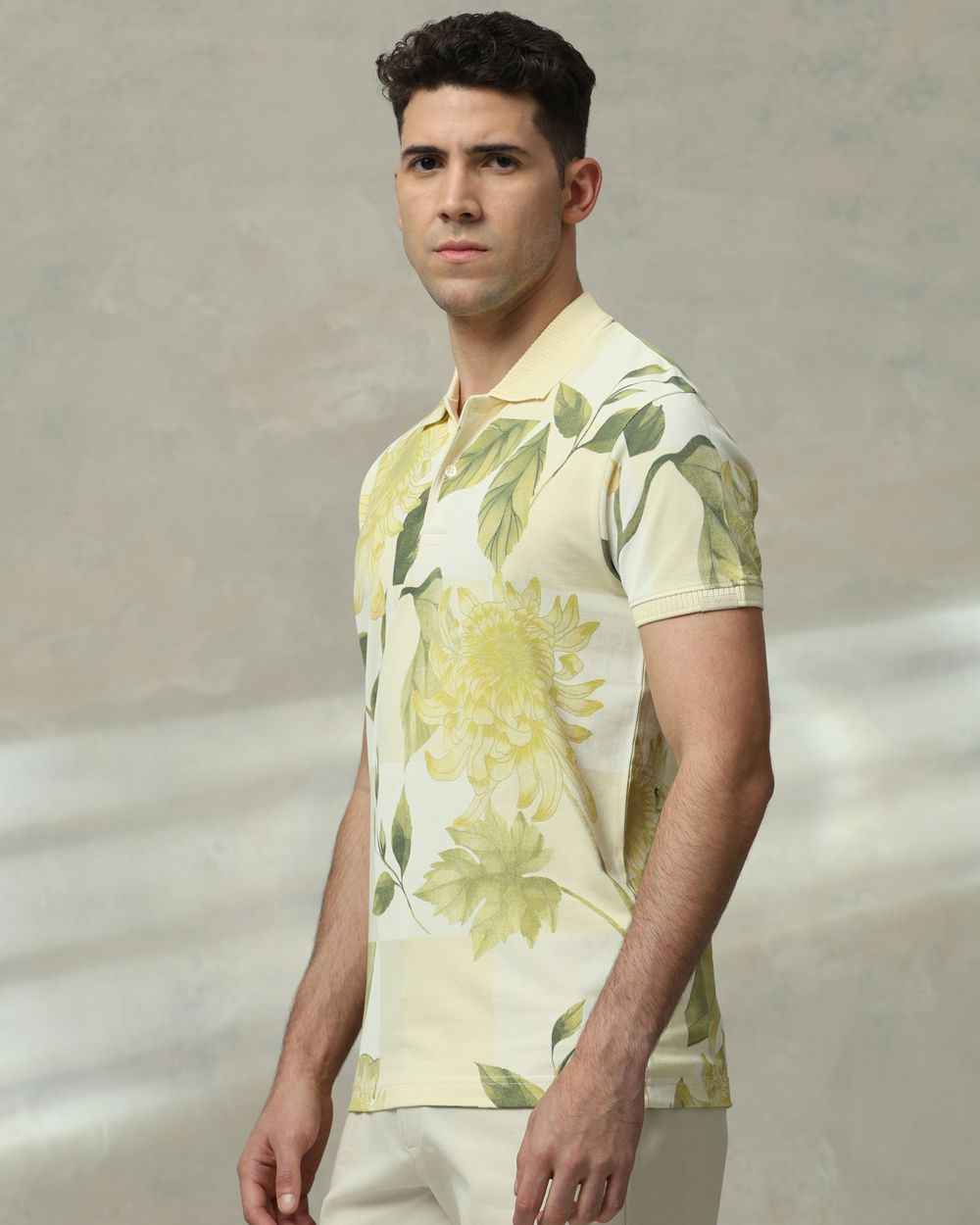 Light Yellow Floral Print Slim Fit T-Shirt