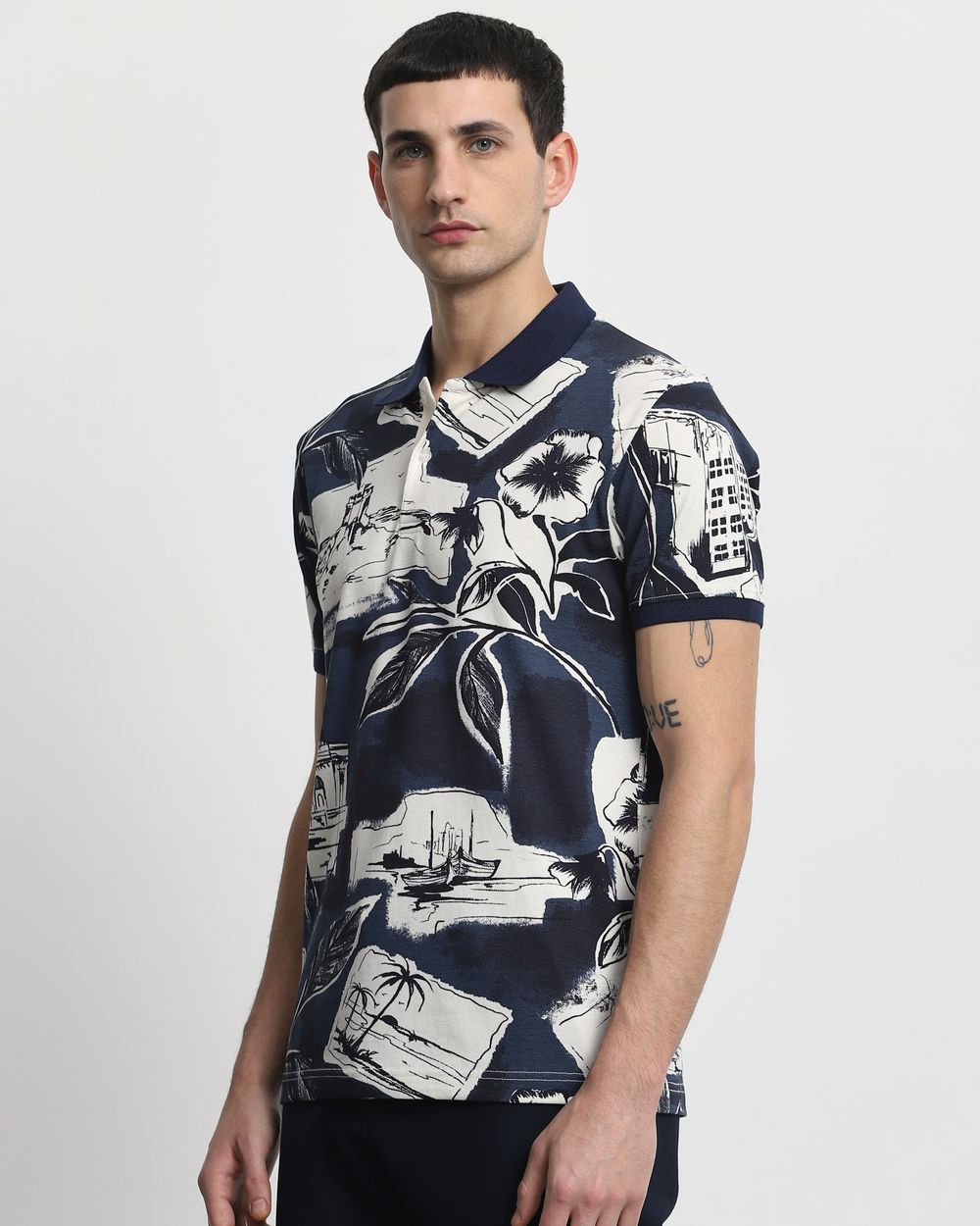 Navy Abstract Print Slim Fit T-Shirt