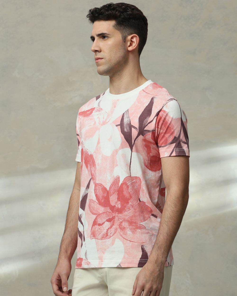 Pink Floral Print Slim Fit T-Shirt