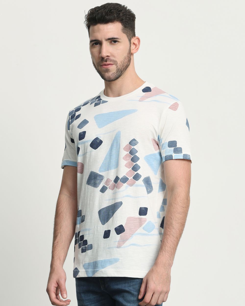 White Geometric Print Slim Fit T-Shirt