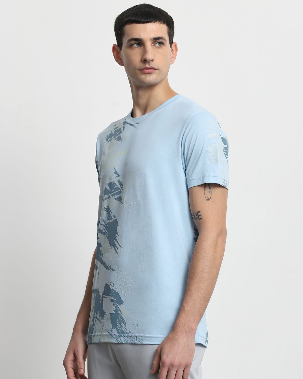 Light Blue Abstract Print Slim Fit T-Shirt