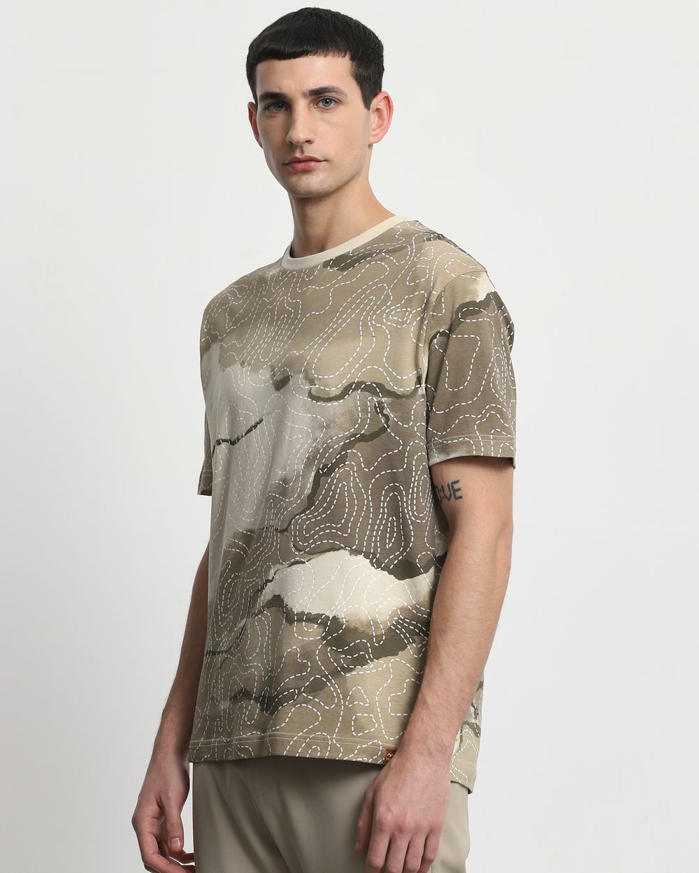 Beige Abstract Print Regular Fit T-Shirt