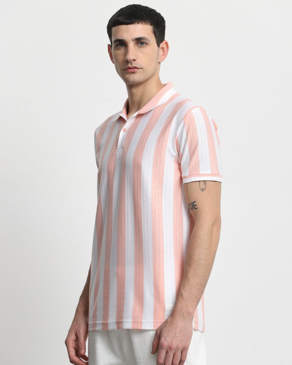 Peach Textured Stripe Slim Fit T-Shirt