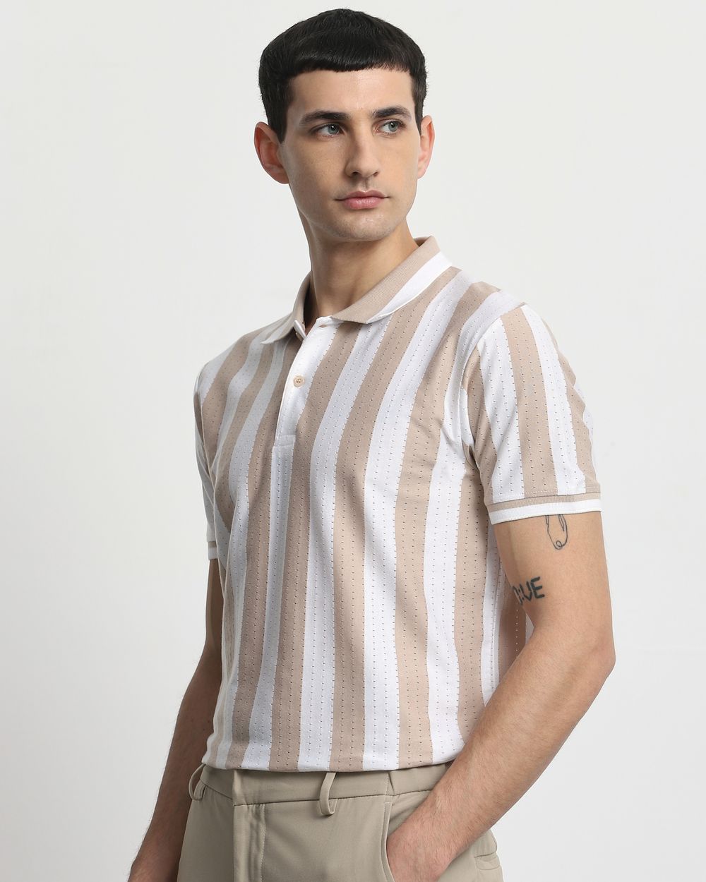 Beige Textured Stripe Slim Fit T-Shirt