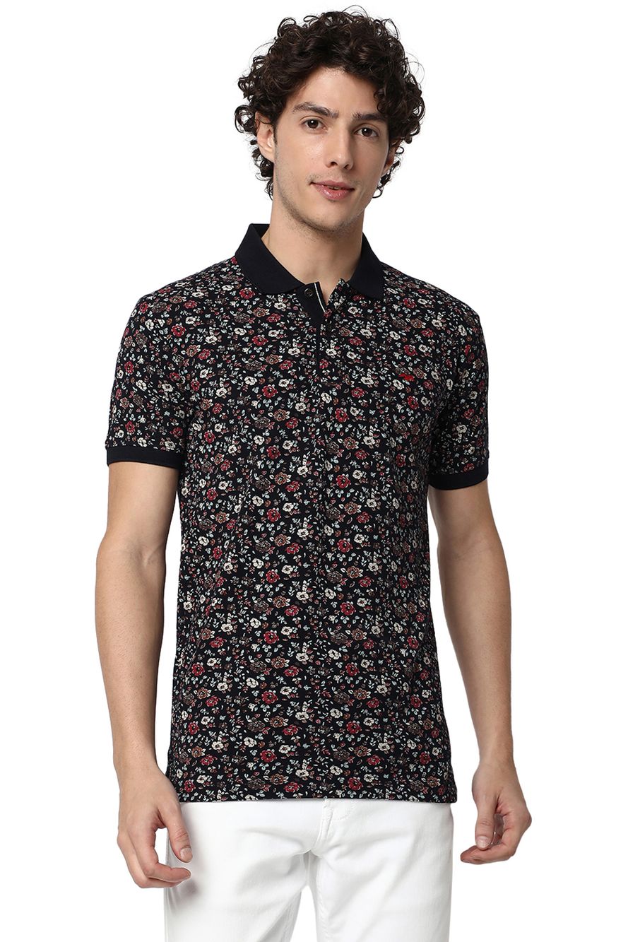 Navy Floral Print Pique Polo