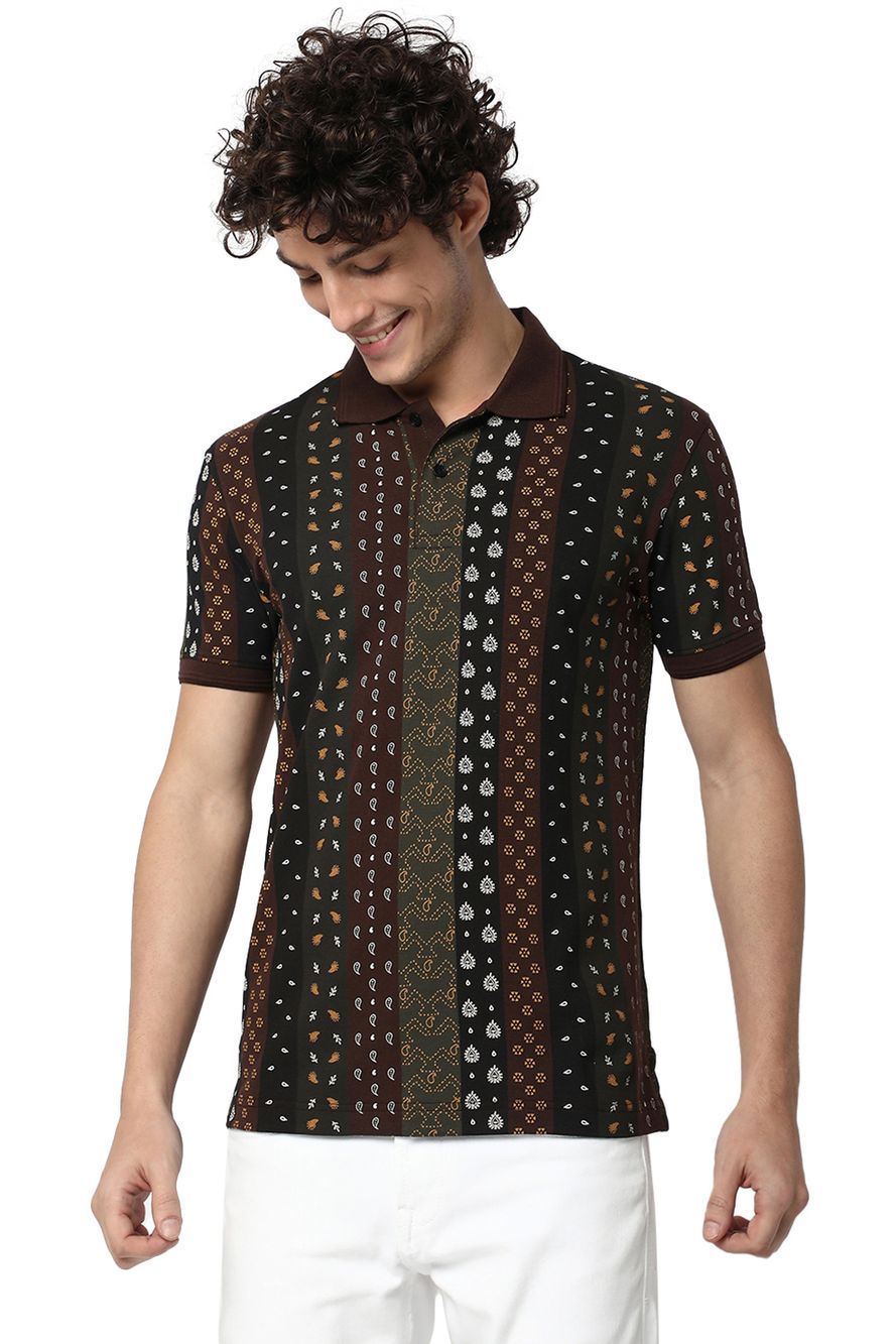 Brown Paisley Print Pique Polo