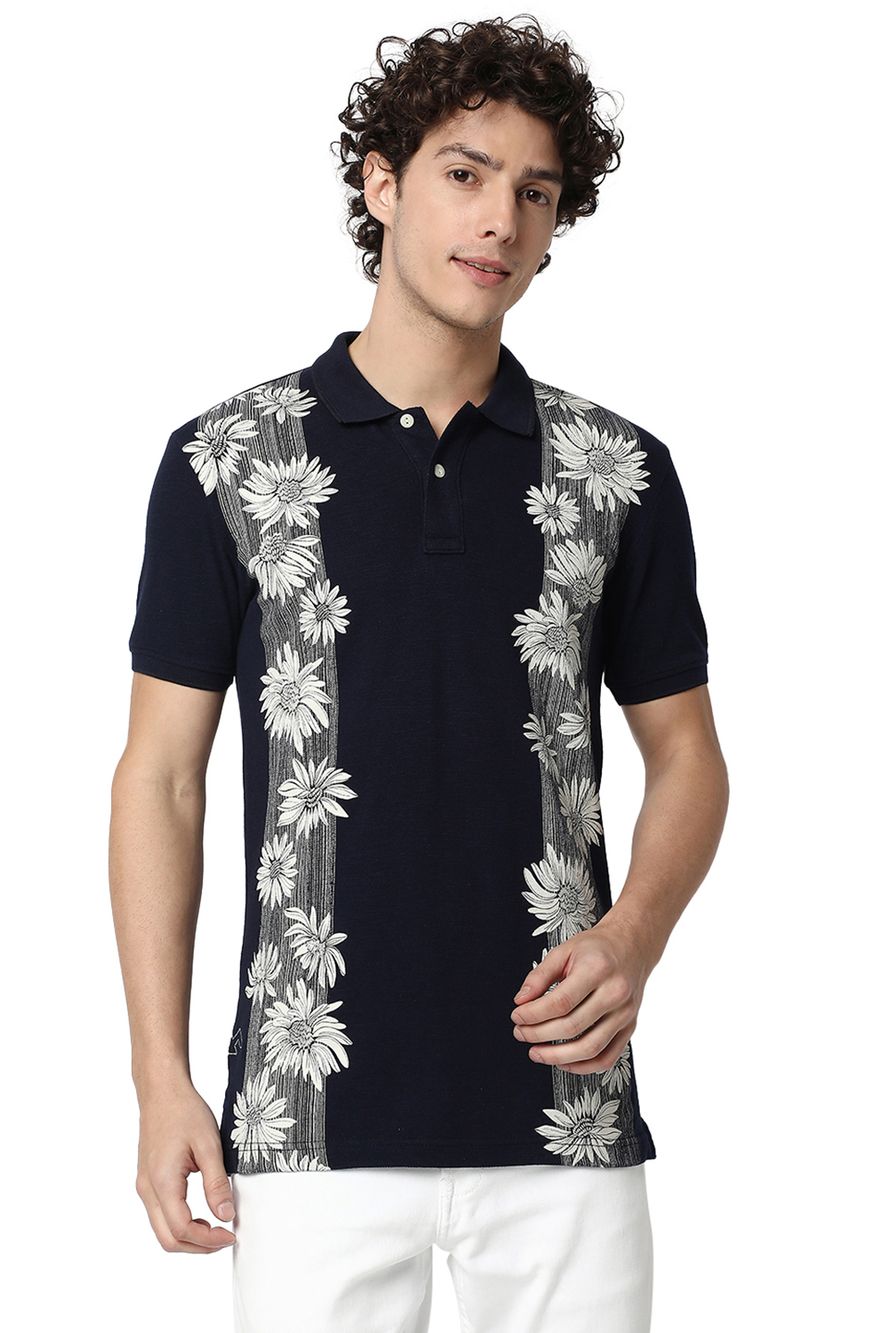 Navy Floral Print Polo