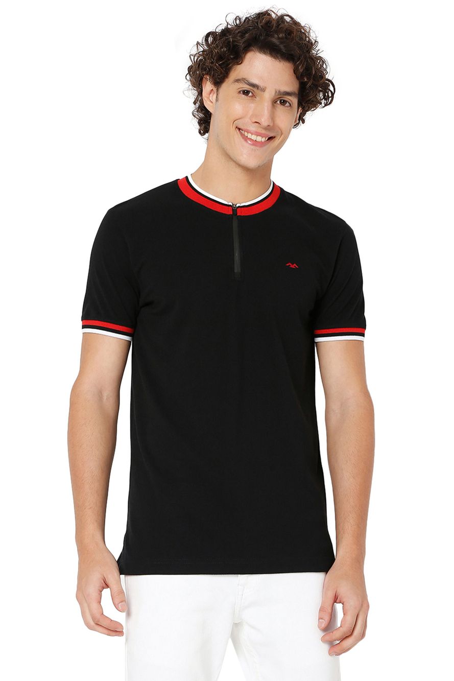 Black Tipped Collar Knnitted Pique Henley