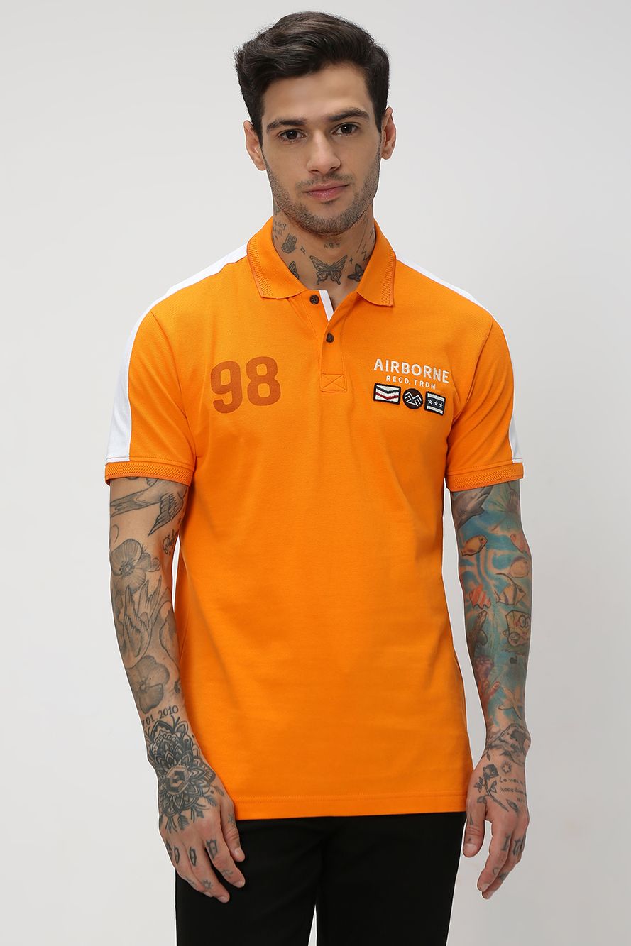 Orange & White Cut & Sew Pique Polo T-Shirt