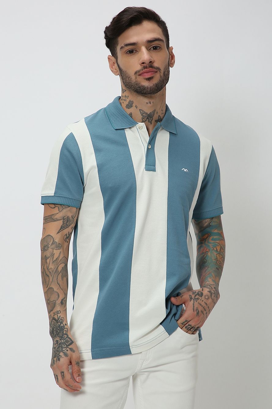 Light Blue & White Stripe Cut & Sew Knnitted Pique Polo T-Shirt