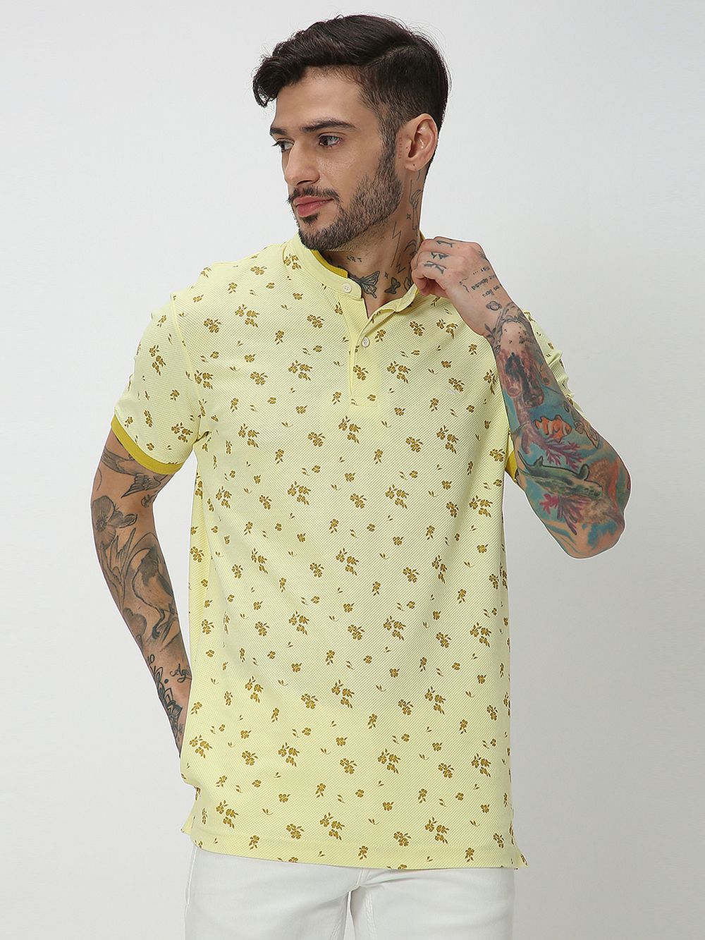 Light Yellow Leaf Print Mini Popcorn Henley T-Shirt