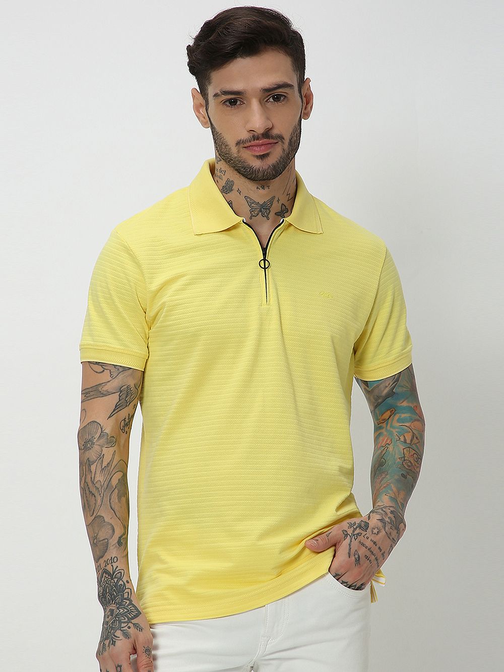 Mustard Textured Solid Jersey Polo T-Shirt