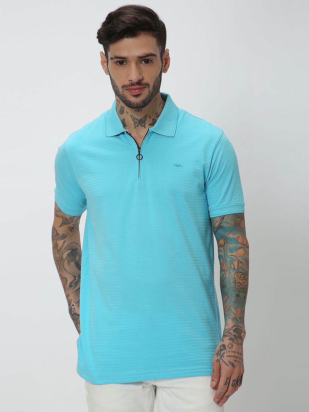 Turquoise Textured Solid Jersey Polo T-Shirt