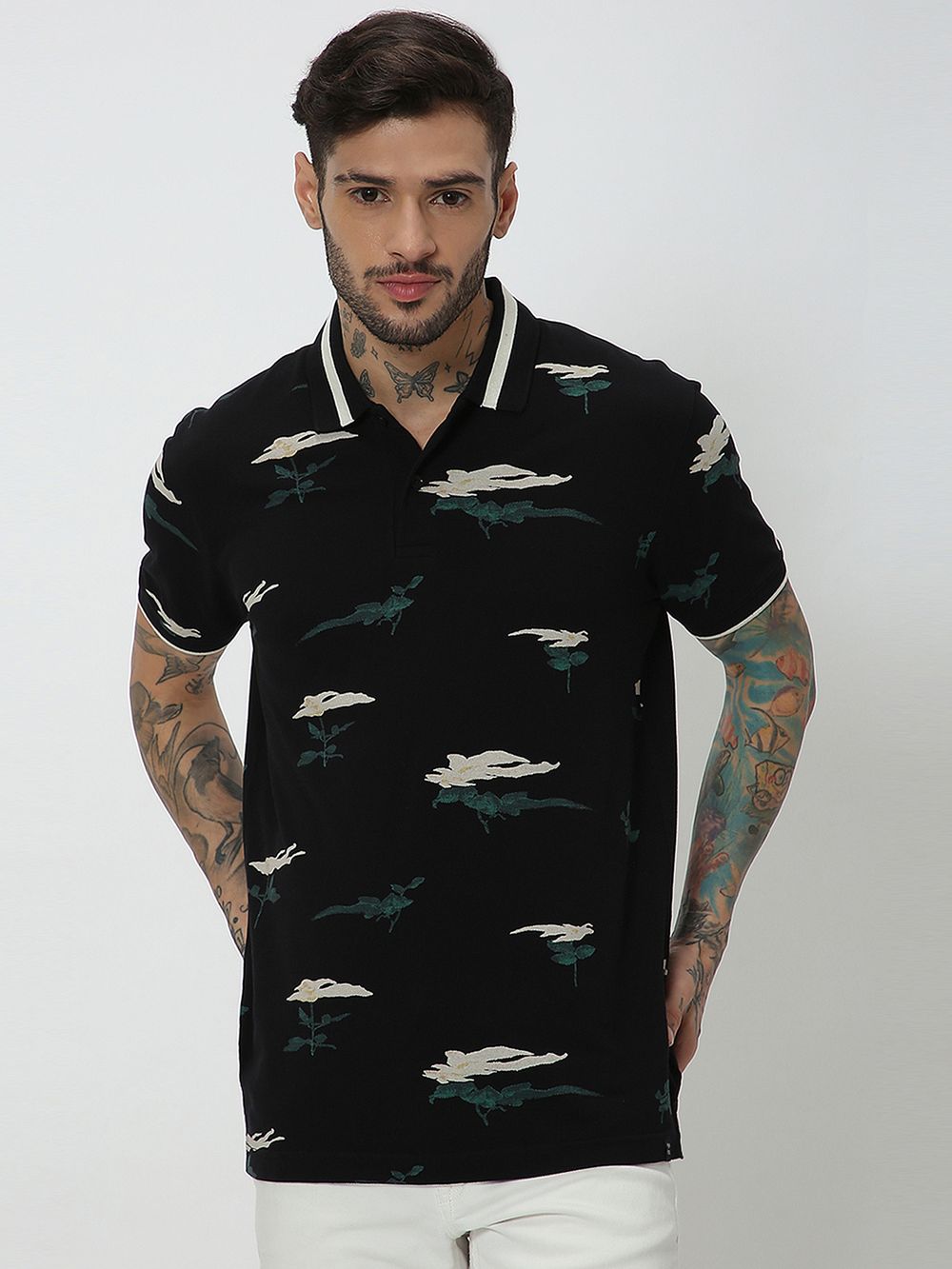 Black & White Print Pique Polo T-Shirt