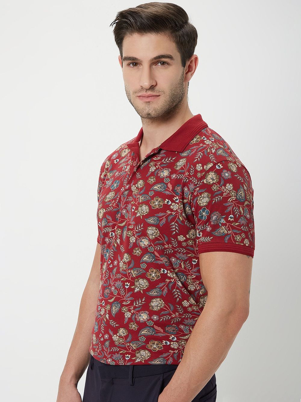 Maroon & Multi Floral Print Polo T-Shirt