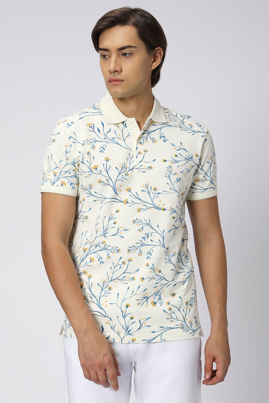 Off White & Blue Floral Print Polo T-Shirt