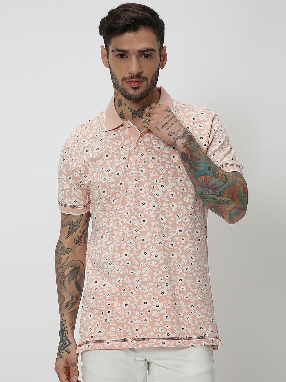 Peach & Off White Print Slub Pique Polo T-Shirt