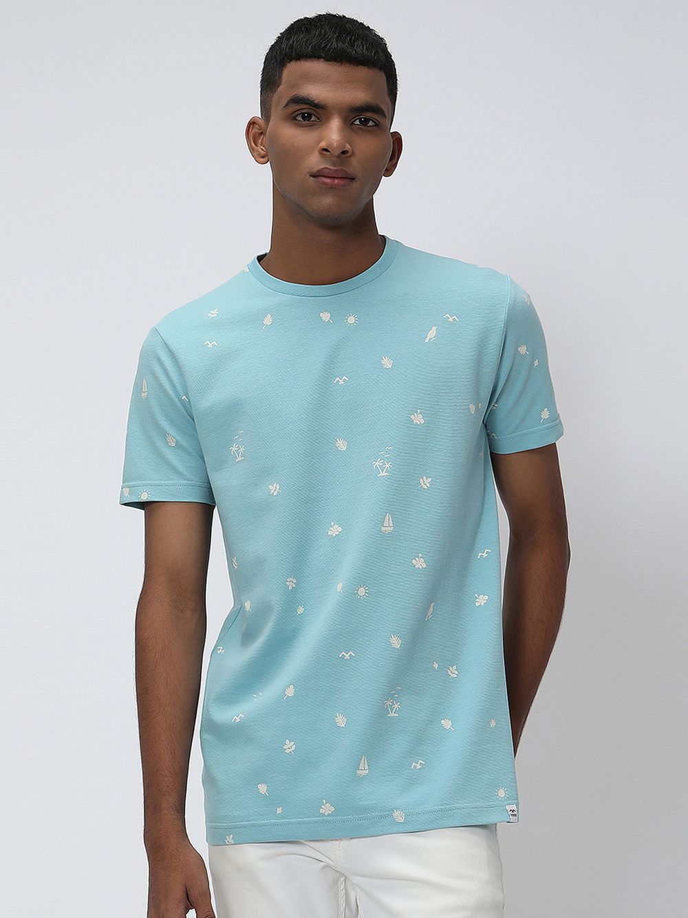 Light Blue & White Leaf Print T-Shirt