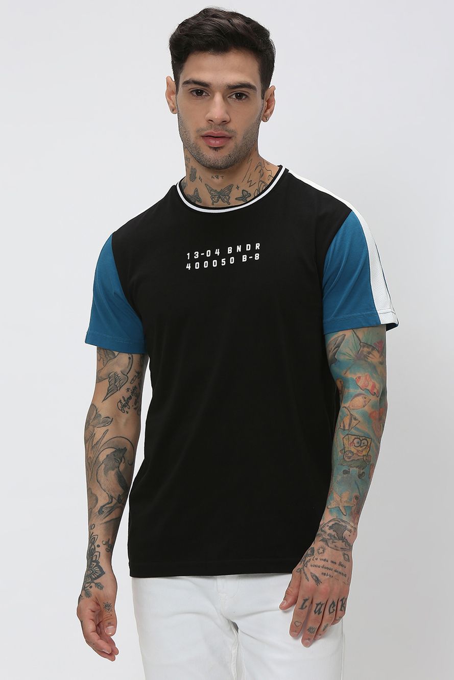 Black & Teal Cut & Sew Knitted Jersey T-Shirt