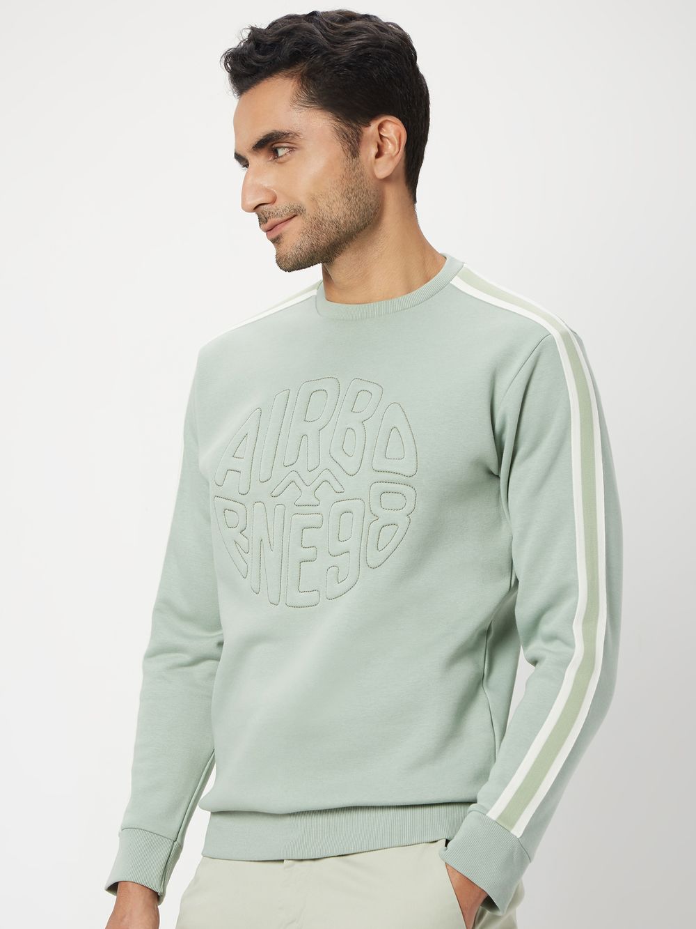 Light Green & White Embossed Embroidery Knitted Fleece Sweatshirt