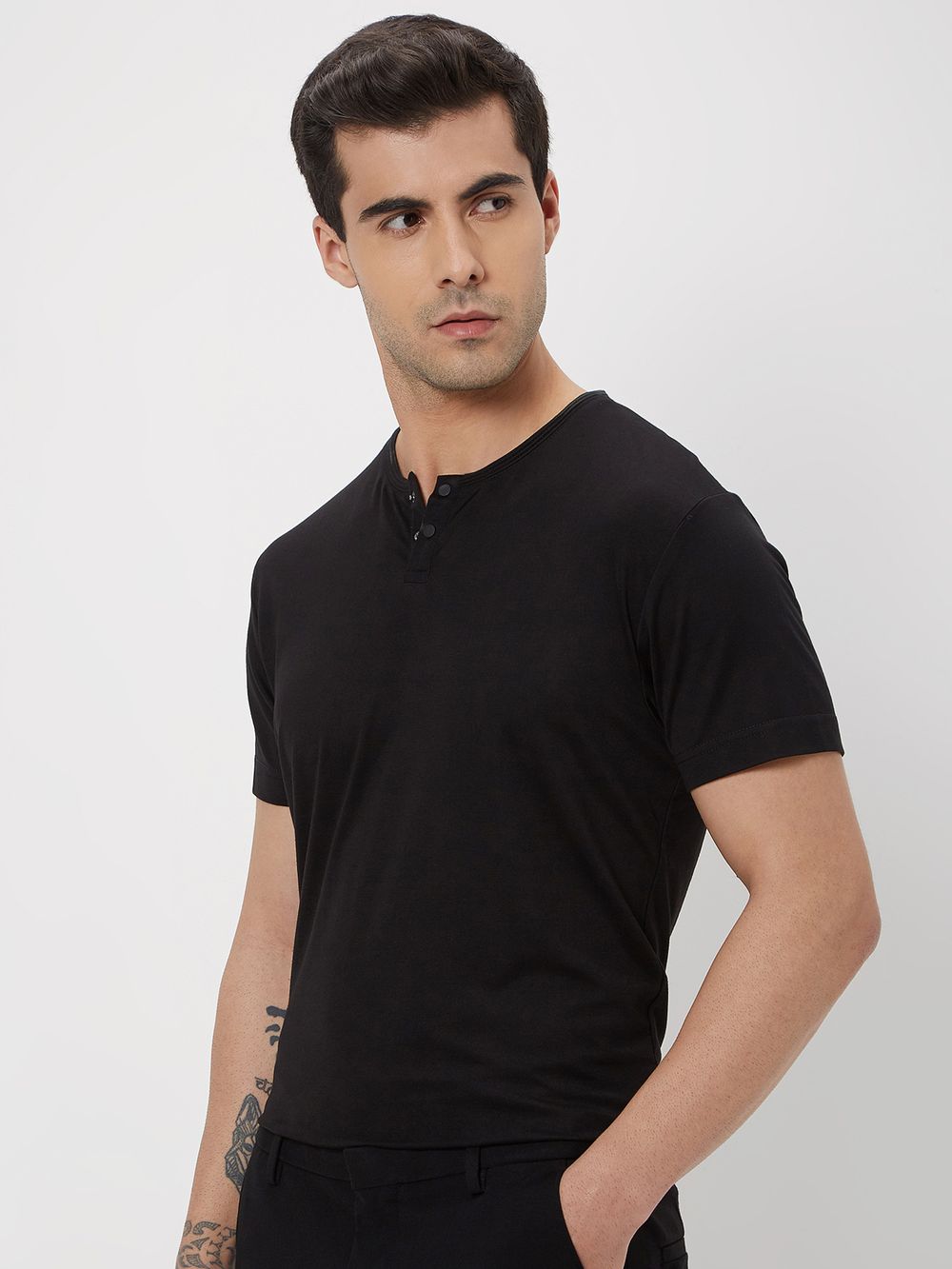 Black Snap Button Henley T-Shirt