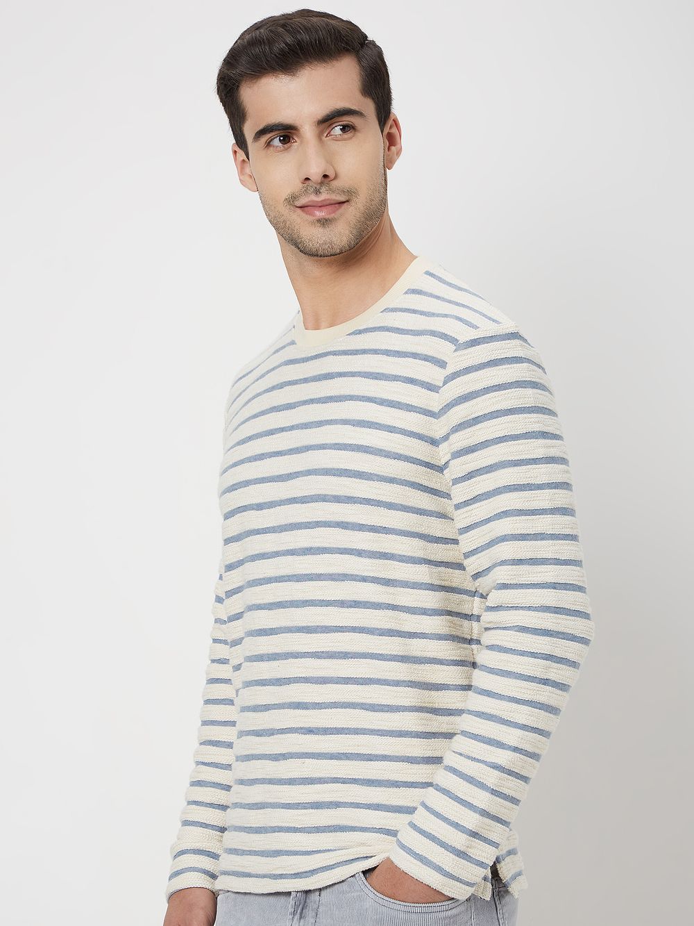 Off White & Blue Textured Stripe Jersey T-Shirt