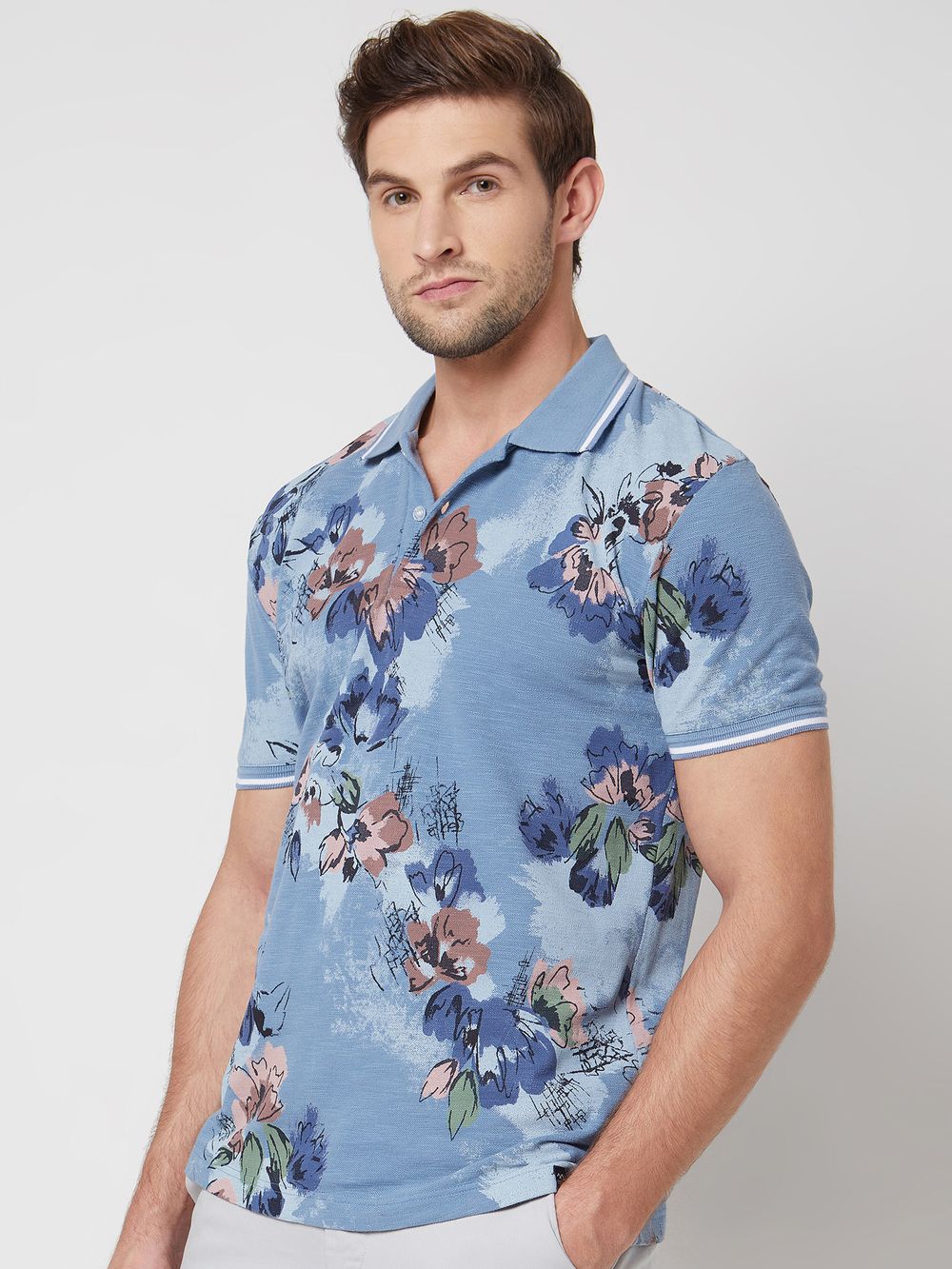 Blue Floral Print Slim Fit Casual Polo