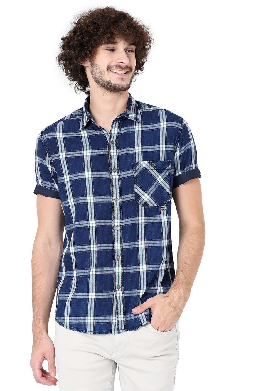 Indigo & White Check Slim Fit Casual Shirt