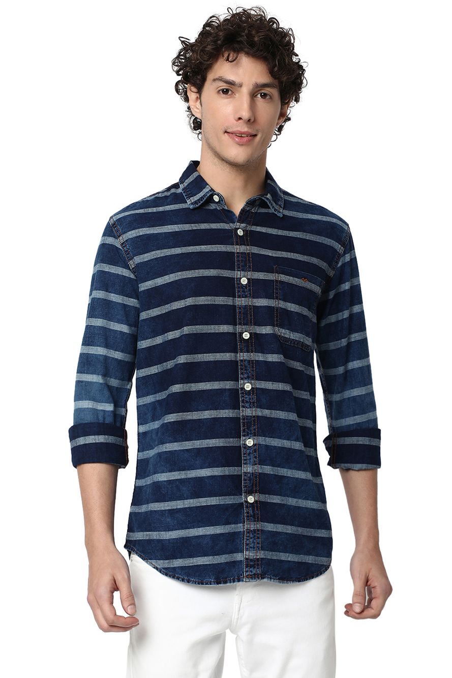 Indigo Blue & White Stripe Slim Fit Casual Shirt