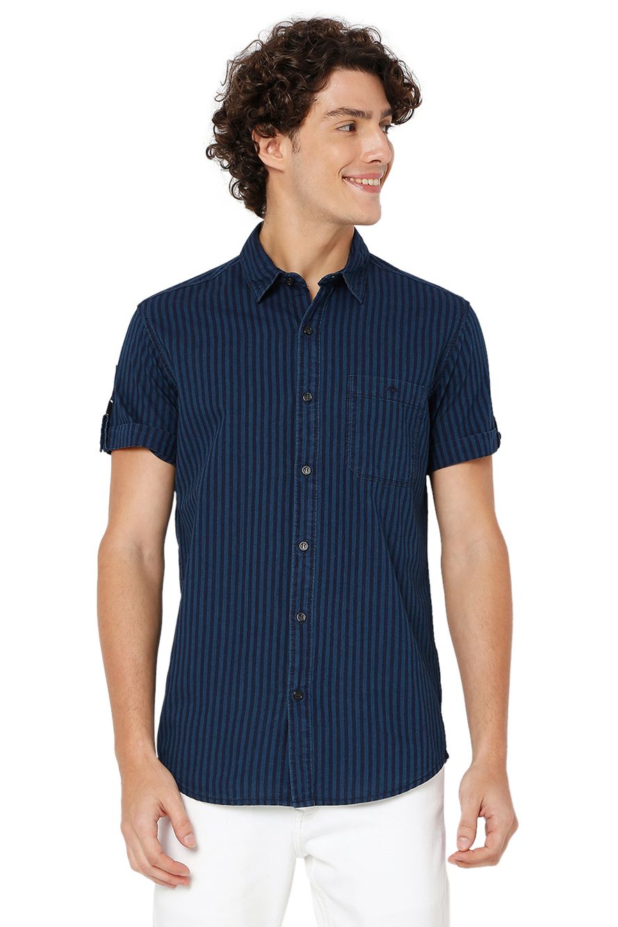 Dark Indigo Blue Tonal Stripe Slim Fit Casual Shirt