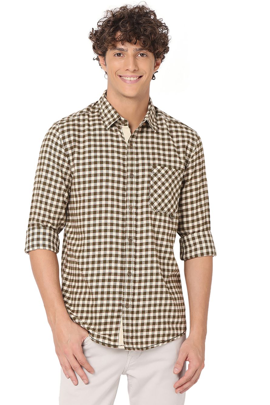 Off White & Olive Flannel Check Slim Fit Casual Shirt