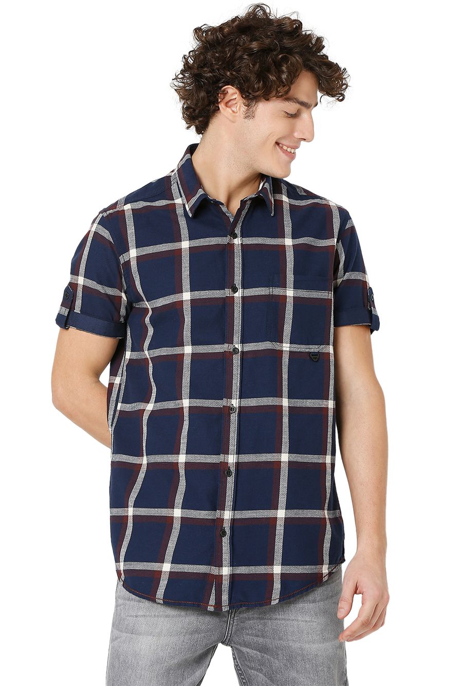 Navy & White Cotton Linen Check Slim Fit Casual Shirt