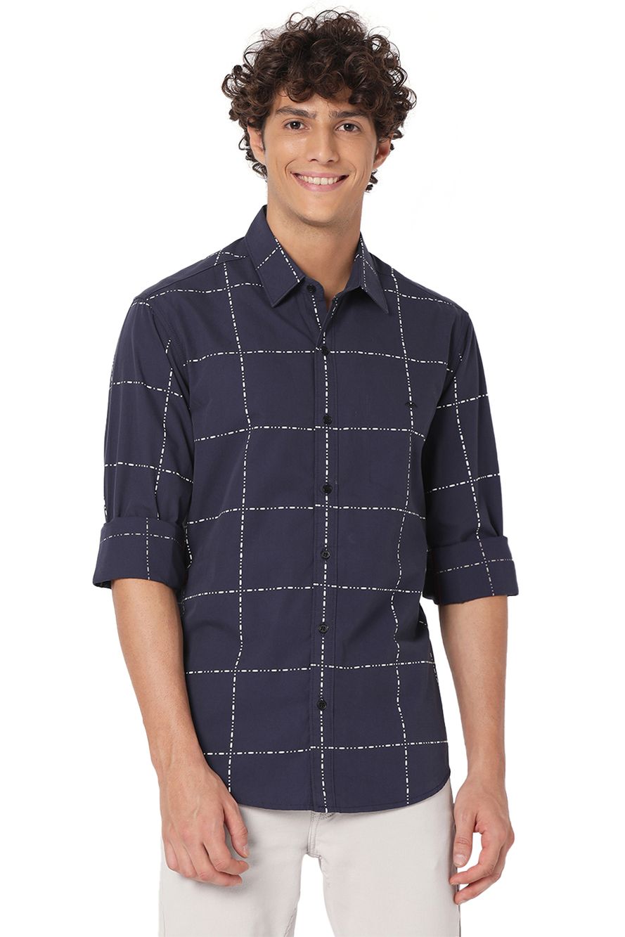 Navy & White Windowpane Check Slim Fit Casual Shirt