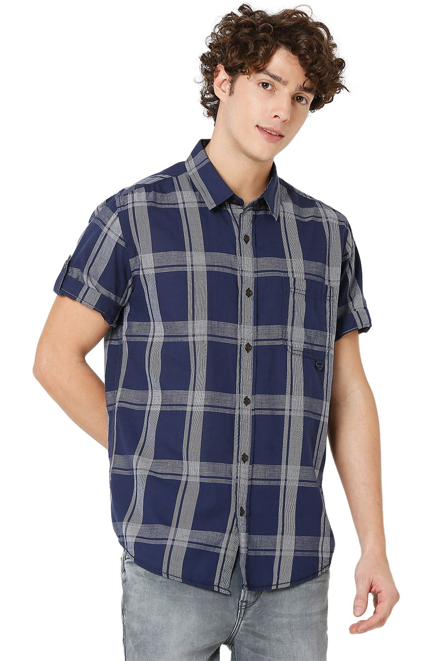 Navy & White Check Slim Fit Casual Shirt