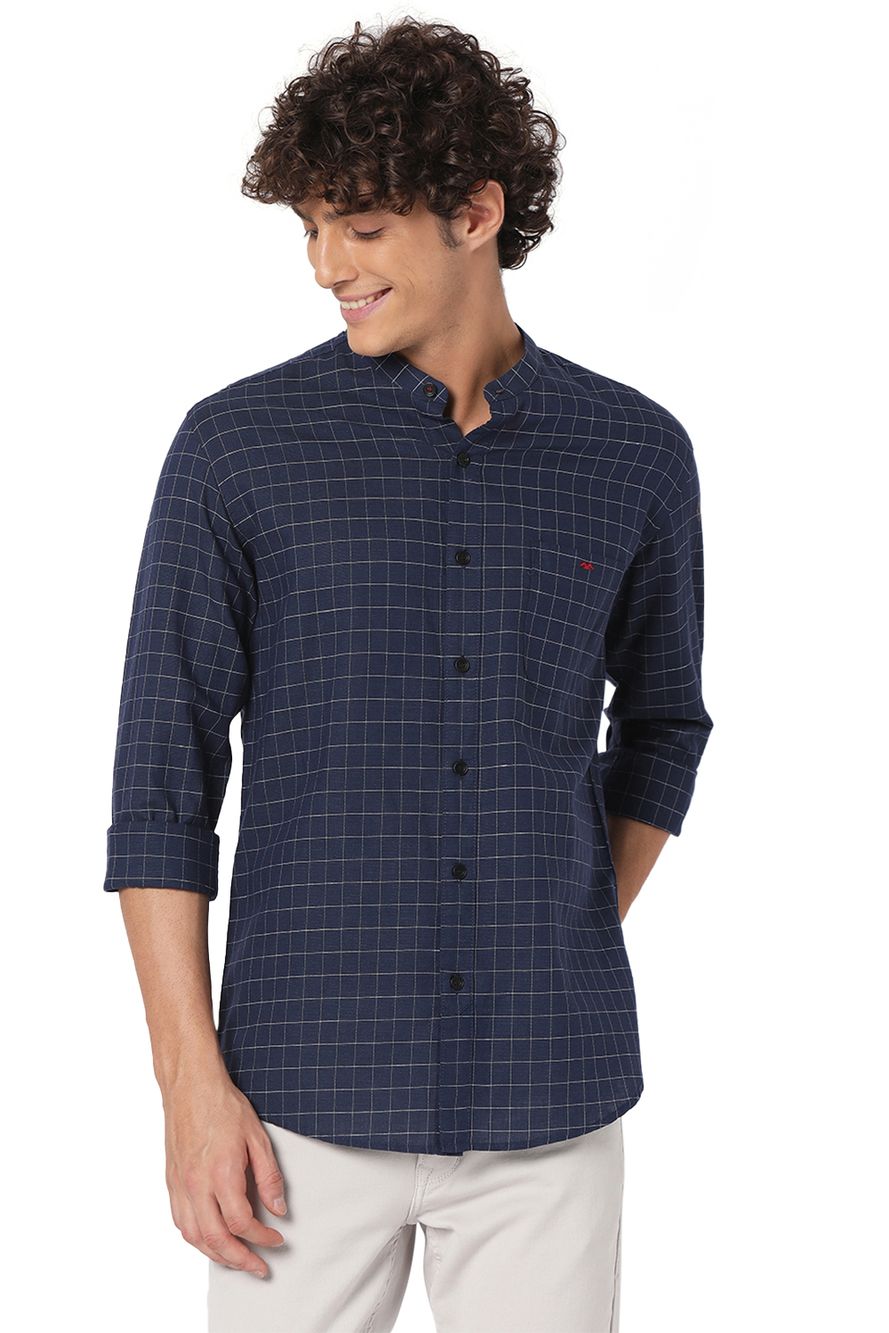 Navy & White Grid Check Slim Fit Casual Shirt