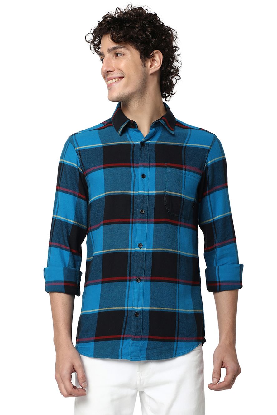 Turquoise & Black Large Check Slim Fit Casual Shirt