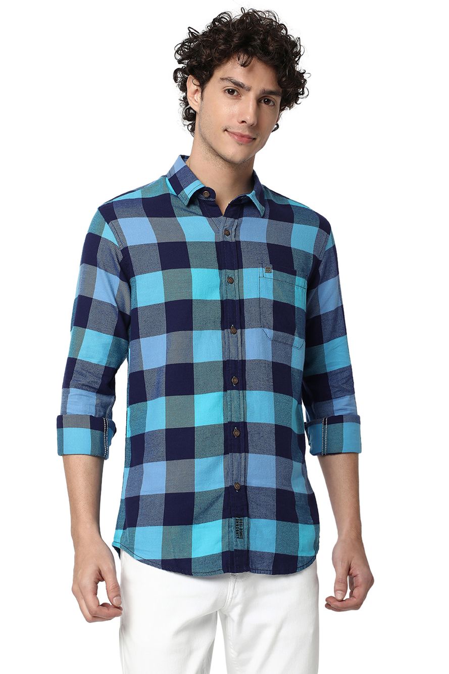 Turquoise & Navy Madras Check Slim Fit Casual Shirt