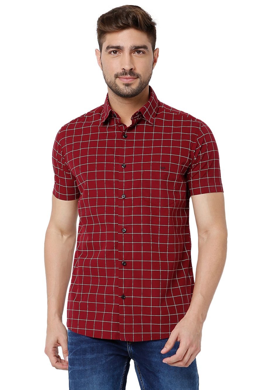 Maroon & White Windowpane Check Slim Fit Casual Shirt