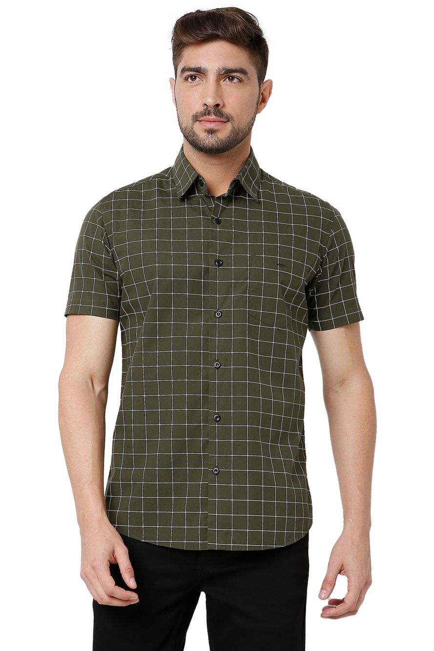 Olive & White Windowpane Check Slim Fit Casual Shirt