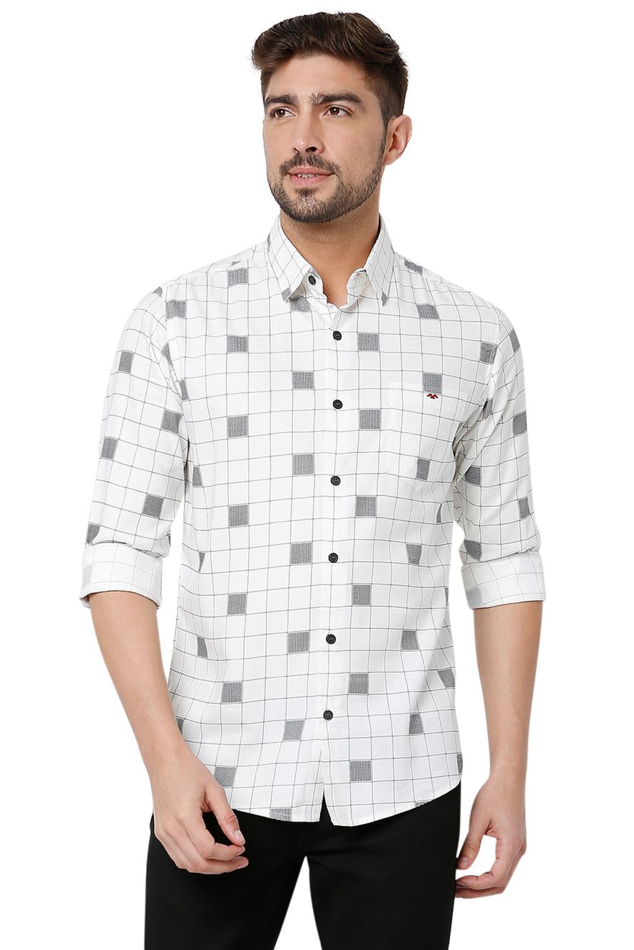 White & Black Graphic Check Slim Fit Casual Shirt