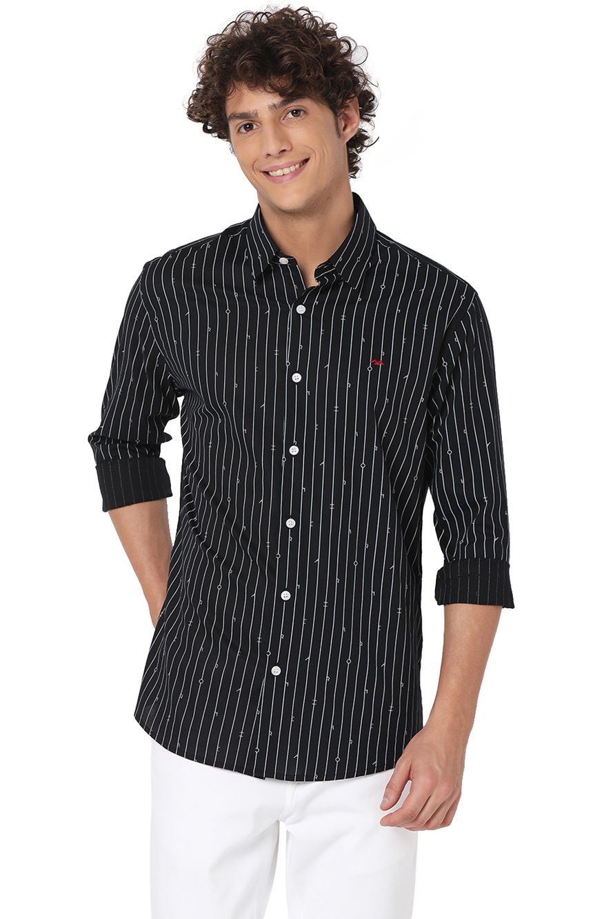 Black & White Printed Stripe Slim Fit Casual Shirt