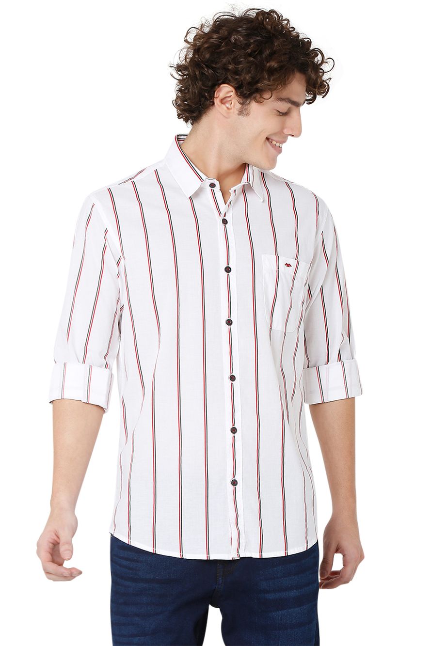 White & Red Lightweight Stripe Slim Fit Casual Shirt