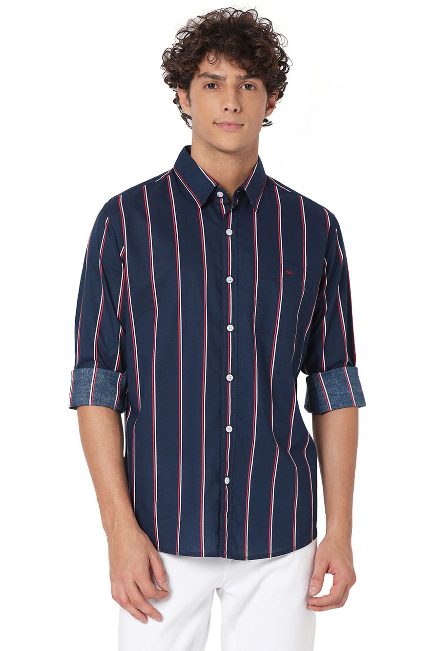 Navy & Red Lightweight Stripe Slim Fit Casual Shirt