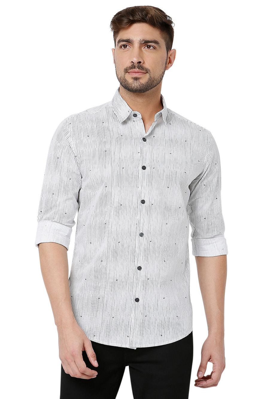 White & Black Logo Stripe Slim Fit Casual Shirt