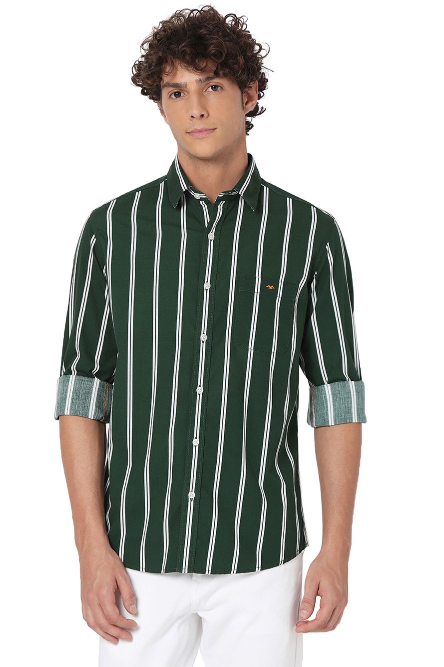 Olive & White Candy Stripe Slim Fit Casual Shirt