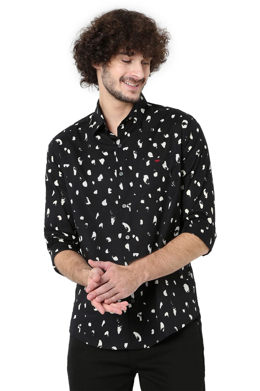 Black & Off White Abstract Print Lightweight Slim Fit Casual Shirt