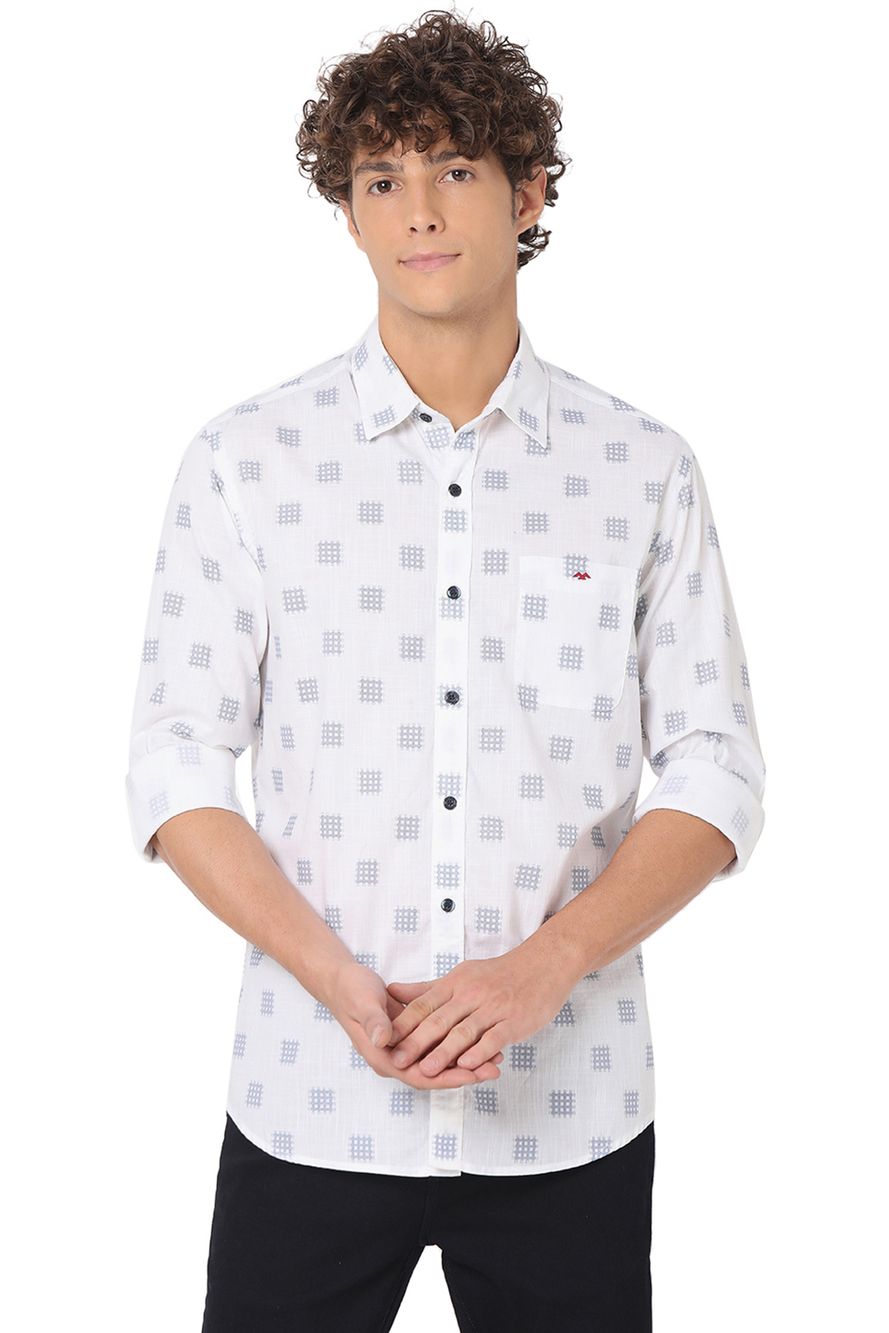 White & Navy Printed Slim Fit Casual Shirt