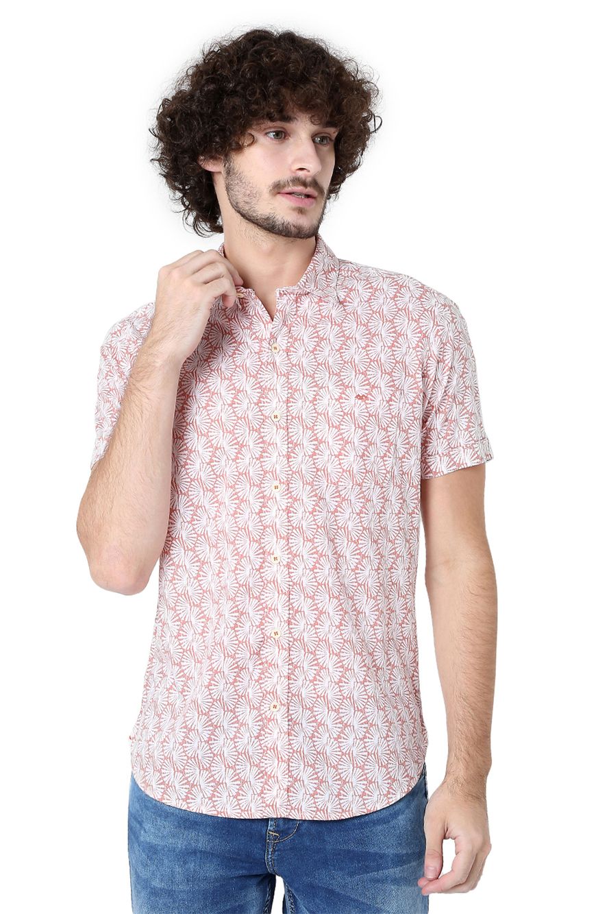 Pastel Pink & White Resort Print Slim Fit Casual Shirt